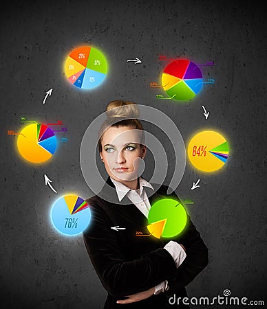 Young woman thinking with pie charts circulation around her head Stock Photo