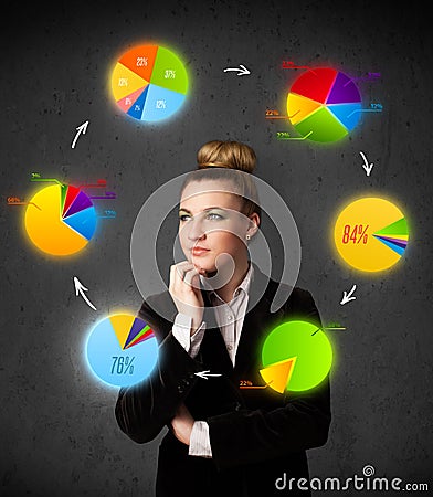 Young woman thinking with pie charts circulation around her head Stock Photo