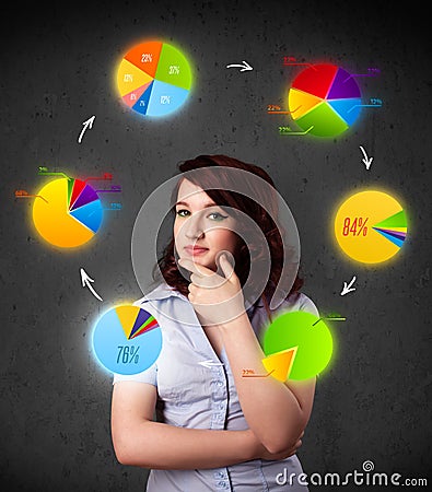 Young woman thinking with pie charts circulation around her head Stock Photo