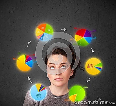 Young woman thinking with pie charts circulation around her head Stock Photo