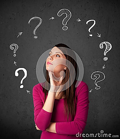 Young woman thinking with question mark circulation around her h Stock Photo