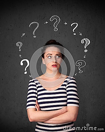 Young woman thinking with question mark circulation around her h Stock Photo