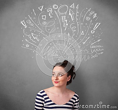 Young woman thinking with sketched arrows above her head Stock Photo