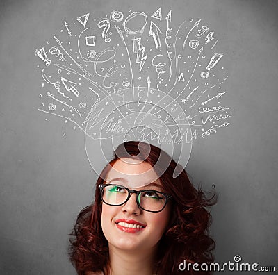 Young woman thinking with sketched arrows above her head Stock Photo