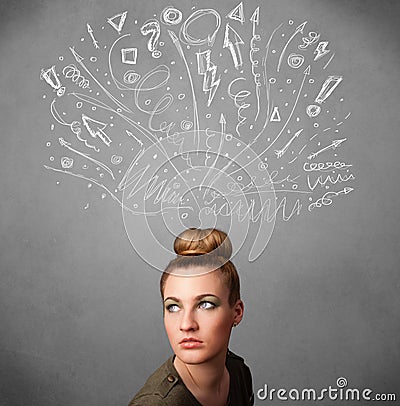 Young woman thinking with sketched arrows above her head Stock Photo