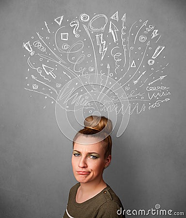Young woman thinking with sketched arrows above her head Stock Photo