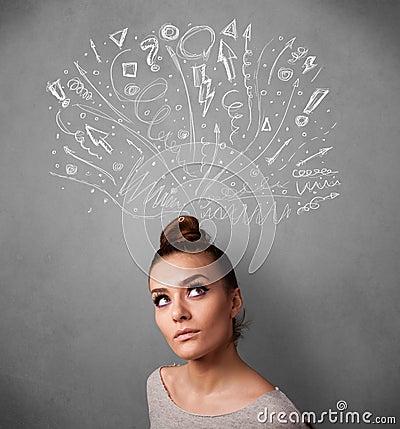 Young woman thinking with sketched arrows above her head Stock Photo