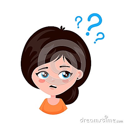 Young woman thinking standing under question marks Vector Illustration