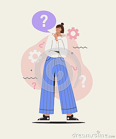 Young woman thinks question. Vector Illustration