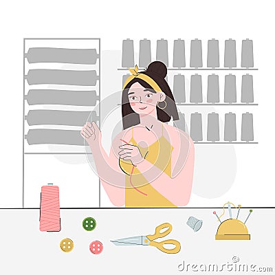 A young woman threads a needle. A seamstress's workplace. Fashion designer, dressmaker. Needlework, hobbies, Vector Illustration