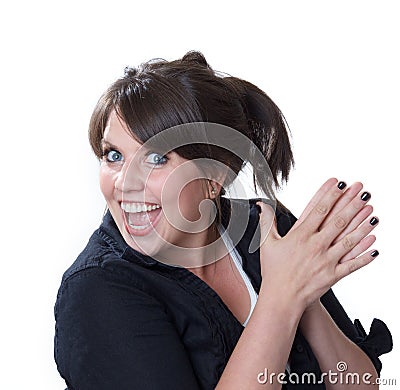 Young woman thrilled and happy; isolated Stock Photo