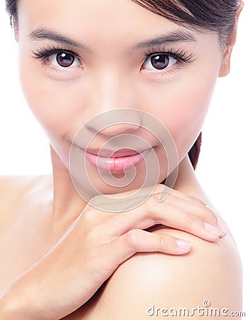 Young Woman touch shoulders with smile face Stock Photo