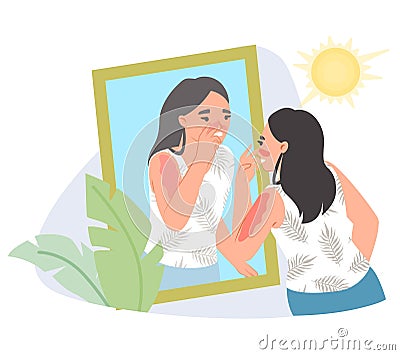 Young woman touching sunburned nose flat vector Vector Illustration