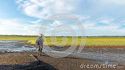 Young woman tourism and hiker backpack explore adventure in nature. Stock Photo