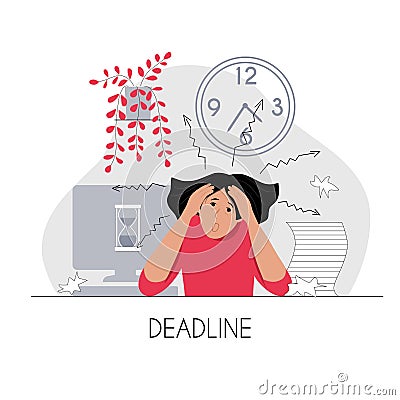 Young woman with tousled hair circles under the eyes and open mouth in amazement. Concept of pressure stress fatigue of work Vector Illustration