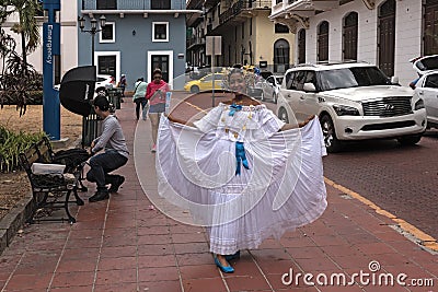 Young woman in traditional clothes in the old town casco viejo of panama city, panama Editorial Stock Photo