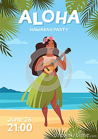 Young woman in traditional hawaiian skirt dancing hula dance with ukulele guitar. Aloha hawaii flyer template, tropical Vector Illustration