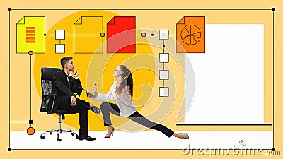 Young woman, trainee, assistant working with boss, asking to sign documents. Promotion. Contemporary art collage. Stock Photo