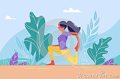 Young woman in training stretching. Cartoon Illustration