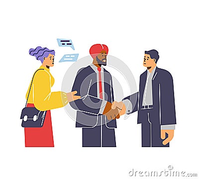 Young woman translator working with men shaking hands flat style Vector Illustration