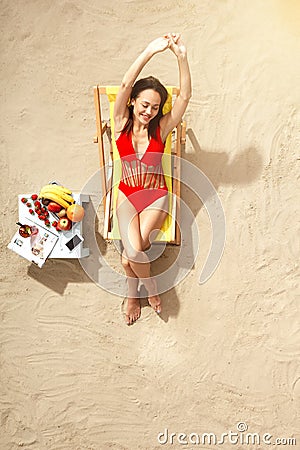 Young woman traveler tourist top view vacation Stock Photo