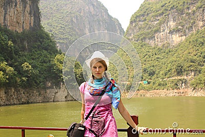 Young woman traveler on Yangtze river, China Stock Photo