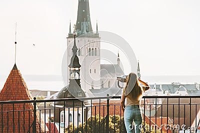 Young woman traveling in Tallinn city vacations in Estonia Stock Photo