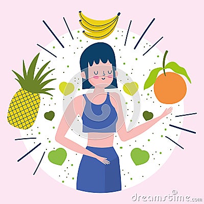 Young woman with tropical fruits nutrition healthy life Vector Illustration