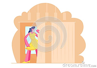 Young Woman Trying on Closes in Dressing Room at Store, Girl in New Yellow Dress Stand in Cabin with Mirror in Shop. Shopping Vector Illustration