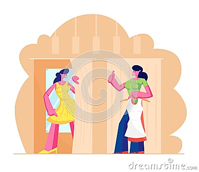 Young Woman Trying on Closes in Dressing Room at Store, Sales Woman Assistant Show Thumb Up. Girl in New Dress Stand in Cabin Vector Illustration
