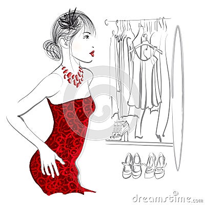 Young woman trying red dress Vector Illustration