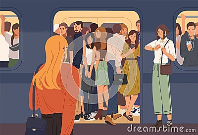 Young woman trying to enter subway train car full of people. Overcrowded underground or metro. Problem of city Vector Illustration