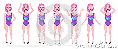 Young woman in ultra violet beach swimsuit. Set of emotions and gestures to the young woman. Girl in a different mood Vector Illustration