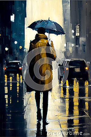 Young woman with umbrella in the rain. Urban scene. Digital painting. Stock Photo
