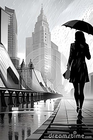 Young woman with umbrella walking in the rain in the city street Cartoon Illustration