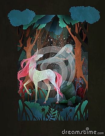 Young woman and unicorn in front of night forest, fairytale illustration Vector Illustration