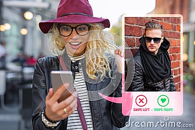 Young woman using dating app on mobile phone Stock Photo