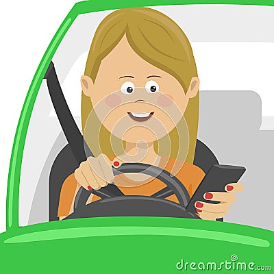 Young woman using her smartphone behind the wheel. Problem addiction danger concept Vector Illustration