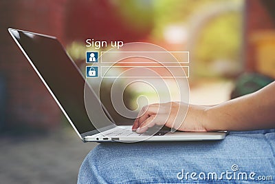 Young woman using laptop computer and sign up or log in username password in coffee shop,GDPR.cyber security and privacy concept Stock Photo