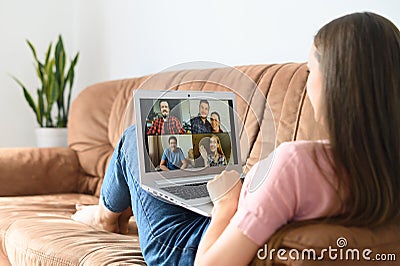 Young woman using laptop for video call, zoom Stock Photo