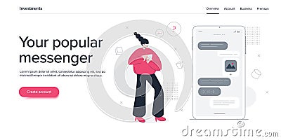 Young woman using online messenger in smartphone. Girl chatting via social media app in cellphone. Website banner or webpage Vector Illustration