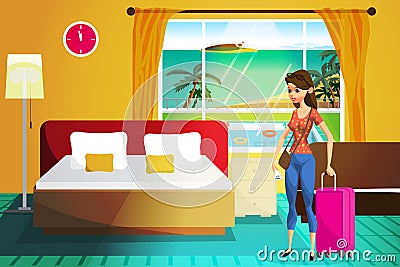 Young woman on vacation is accommodated in a hotel. Girl tourist Vector Illustration