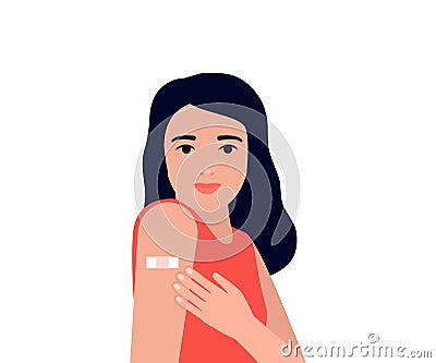 Young woman after vaccination show arm with patch. Protection hand with bandage after receiving inoculation. Concept Vector Illustration