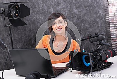 Young woman video editor working in studio Stock Photo