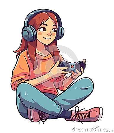 Young woman with video game with joystick Vector Illustration