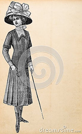 Young woman vintage elegant dress hat. Retro fashion engraving Stock Photo