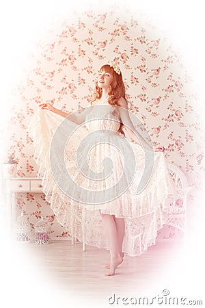 Young woman in vintage lace dress Stock Photo