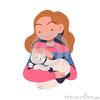 Young Woman Volunteer Caring of Homeless Cat Pet Stroking It Vector Illustration Vector Illustration