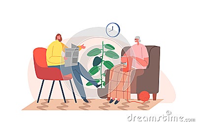 Young Woman Volunteer or Daughter Reading Newspaper to Aged lady Enjoying Knitwork. Senior Sitting on Armchair Vector Illustration