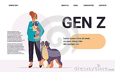 young woman volunteer with dog and cat animals generation Z lifestyle concept Vector Illustration